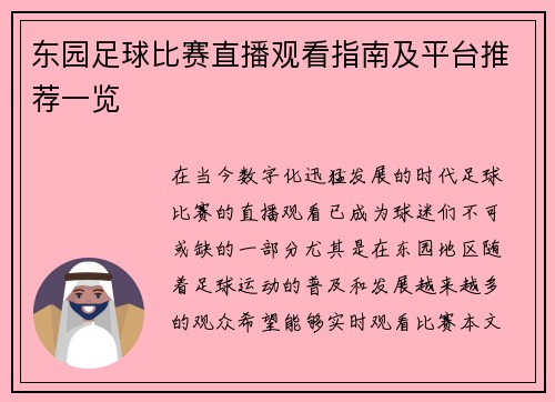 东园足球比赛直播观看指南及平台推荐一览